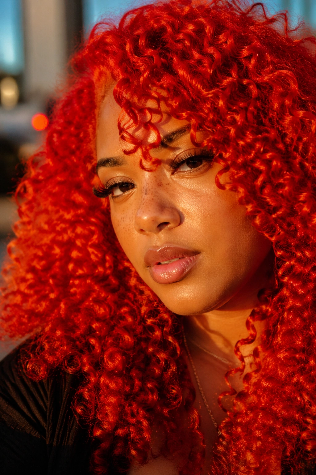 Real person with vivid fire red curly hair
