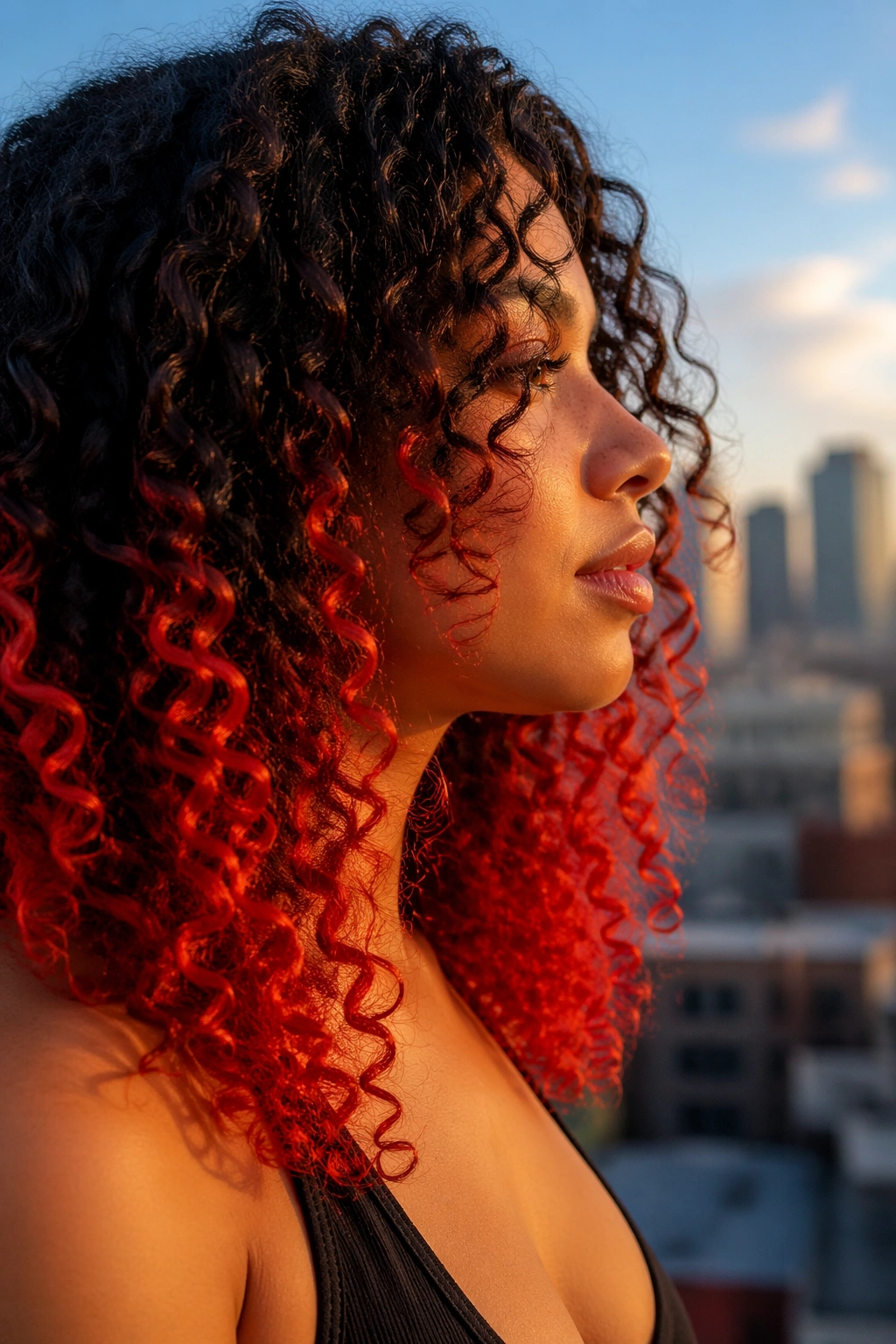 Profile view of a woman with dark roots and fire red tips on dyed curls