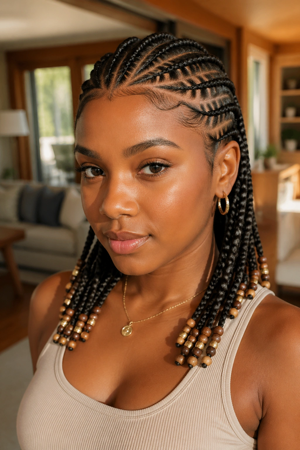 Close-up of a real Black woman with fishbone cornrows ending in beads at the tips