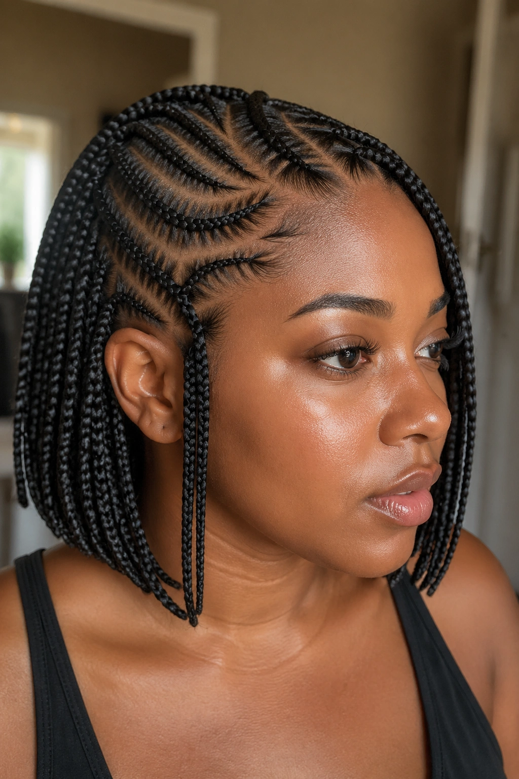 Close-up of a real Black woman with a fishbone bob hairstyle