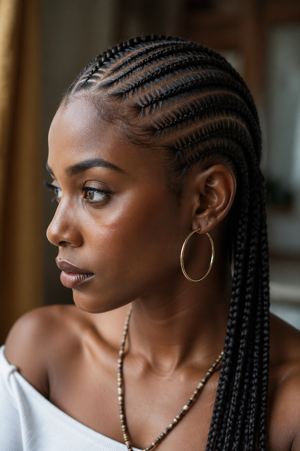 Close-up of a real Black woman with fishbone braids, highlighting the central spine and feeder braids