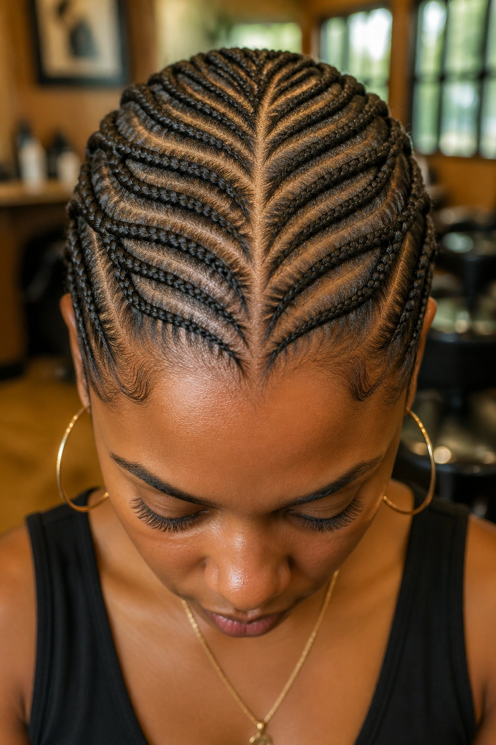 Close-up of a real woman with fishbone cornrows along the scalp