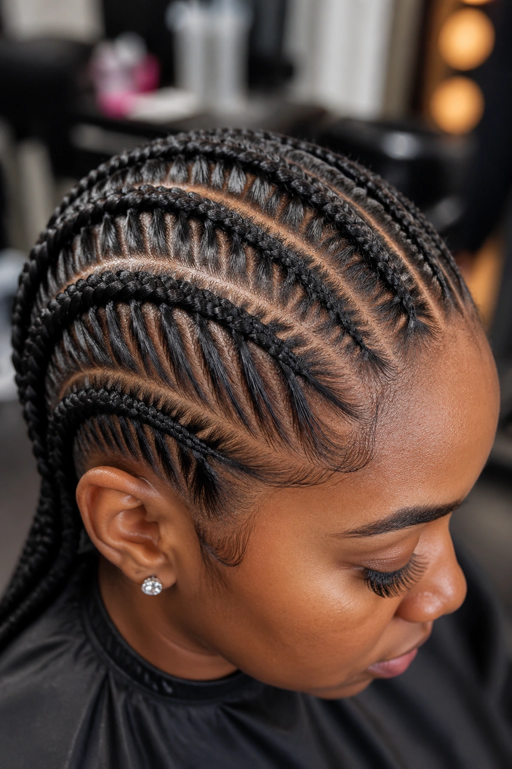 Close-up of diagonal parting with fishbone feeder braids forming the foundation