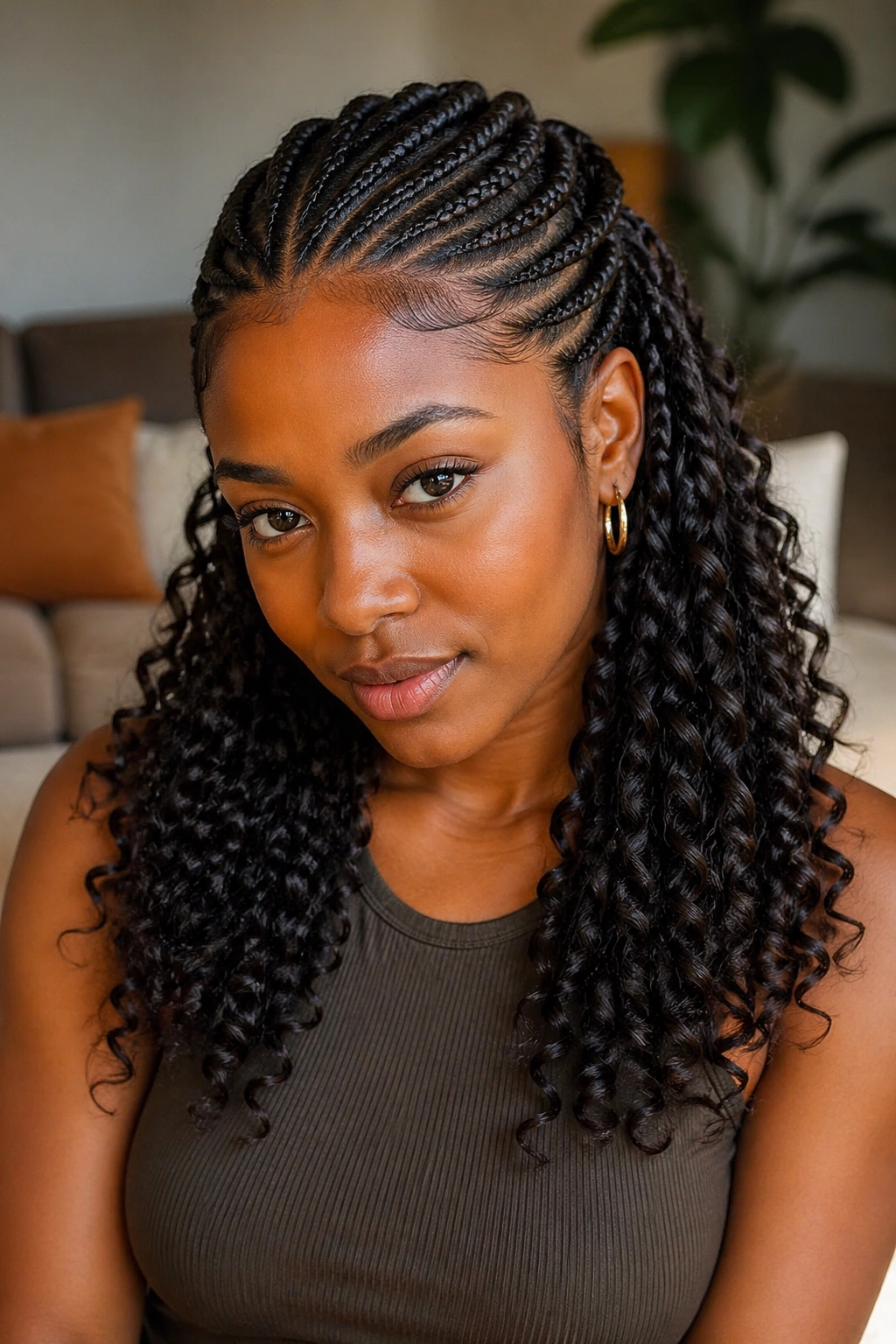Real person with fishbone cornrows transitioning to goddess curls
