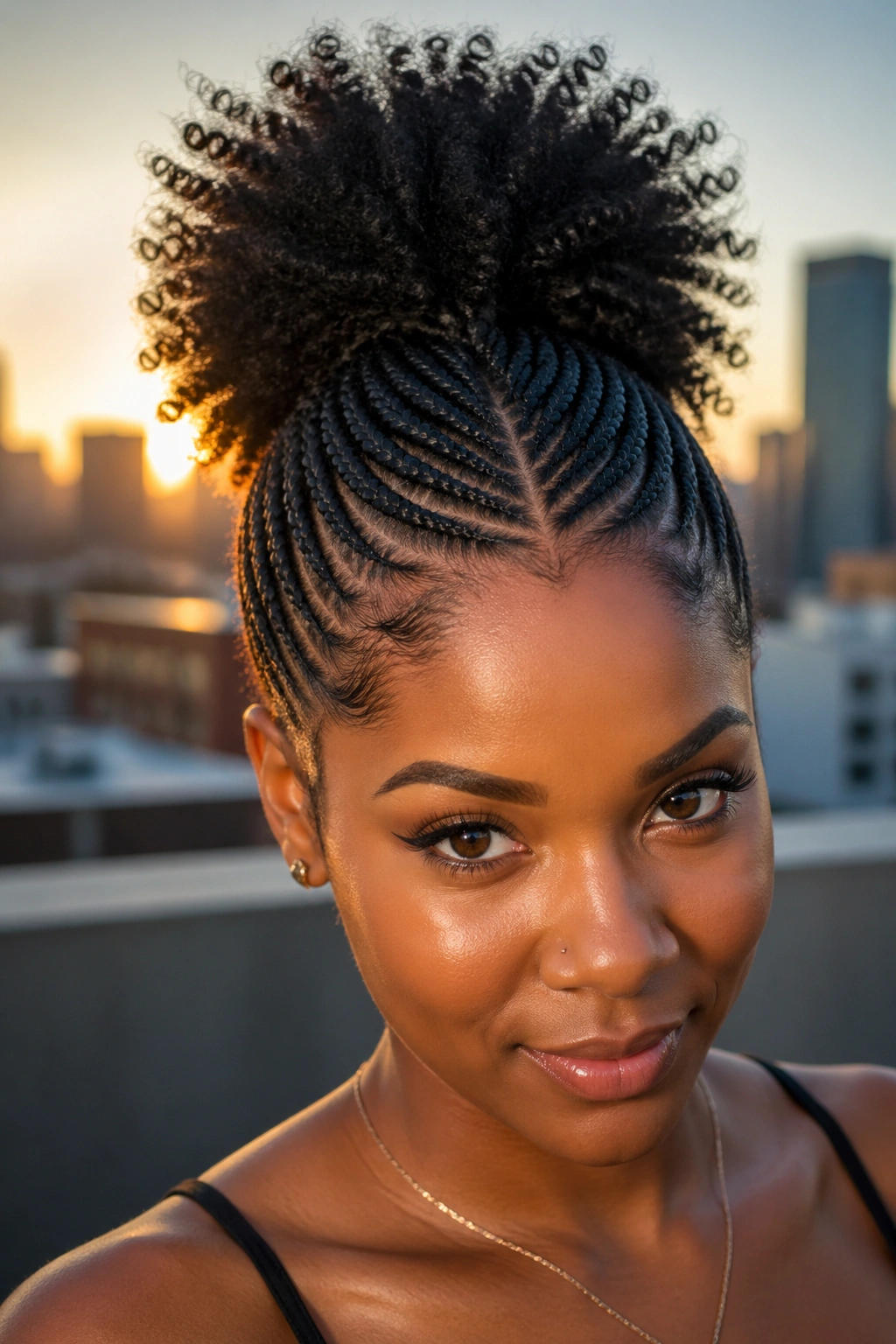 Close-up of a real woman's head showing a fishbone pattern gathered into a high ponytail puff.