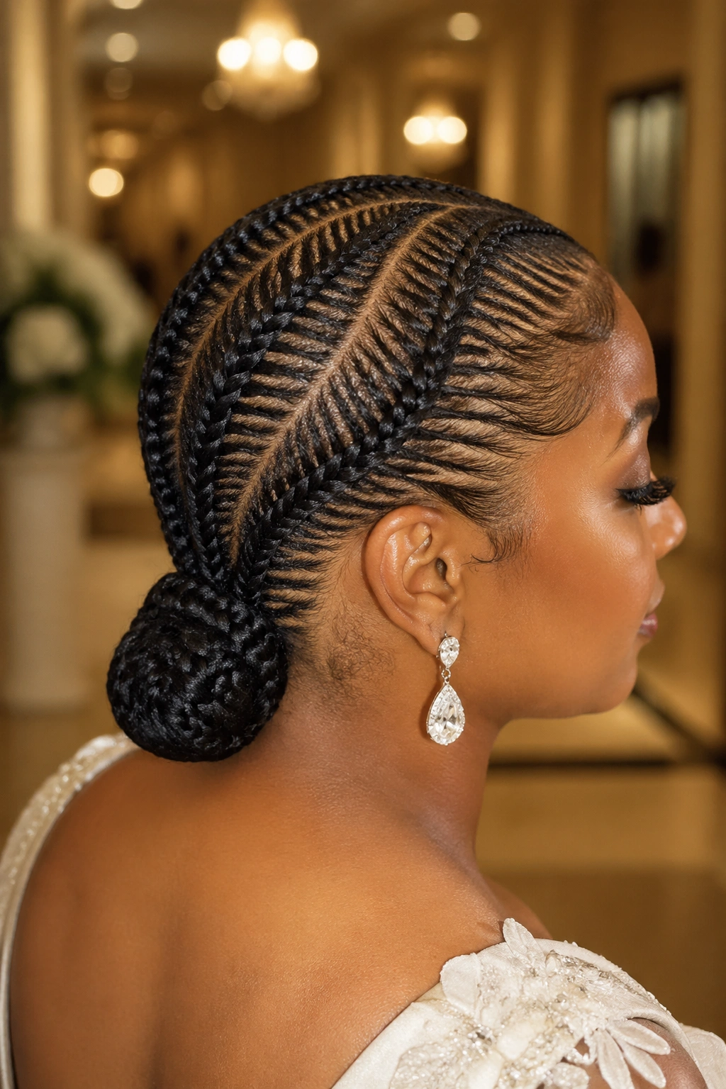 Close-up of a real woman's head showing fishbone pattern ending in a low bun at the nape.