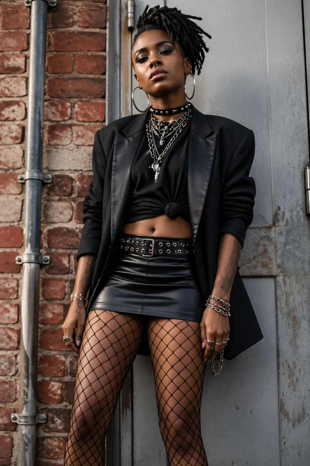 Close-up of a woman in a blazer, mini skirt, and fishnet tights in an urban setting.
