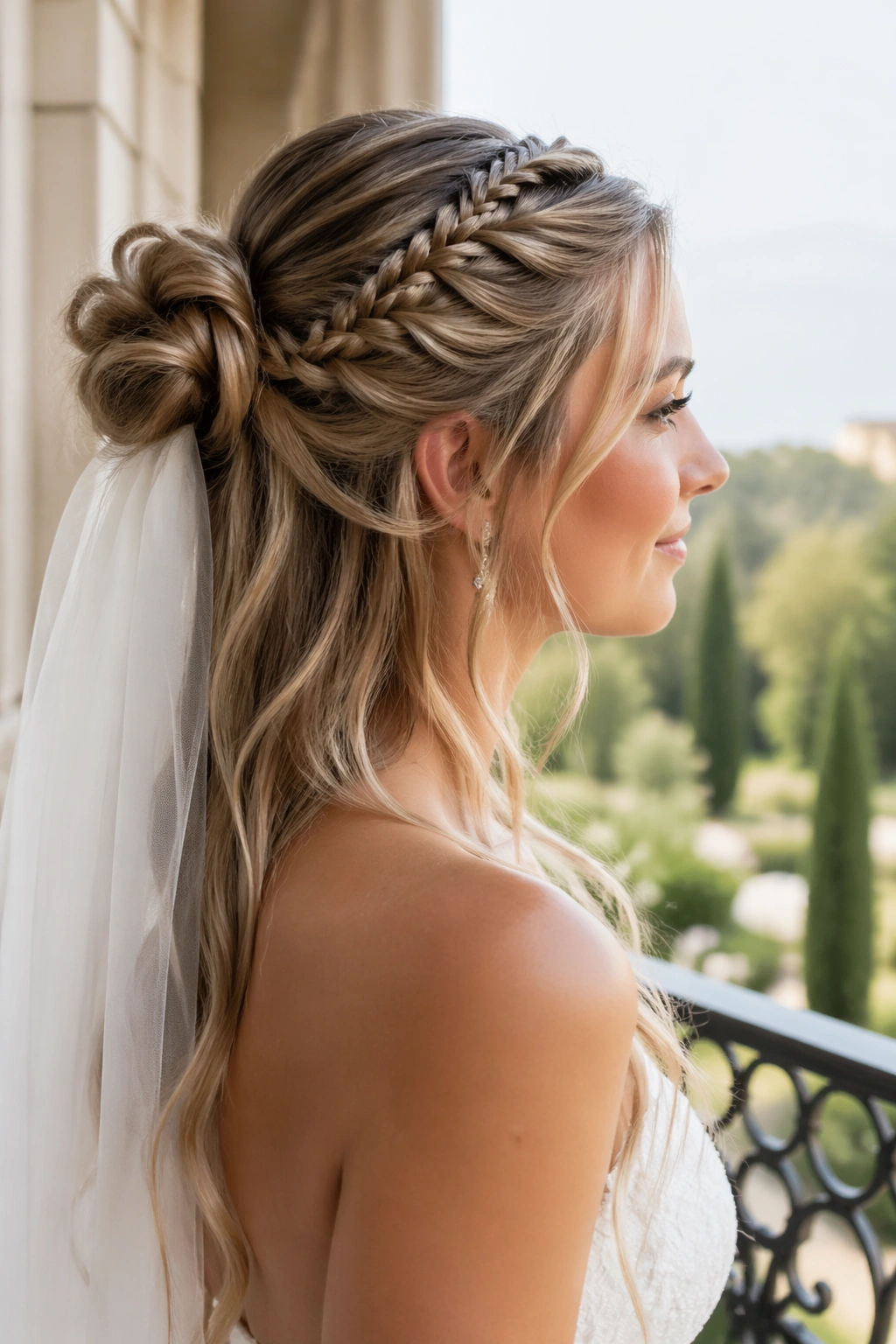 Side-profile view of Fishtail Accent Bun with veil.