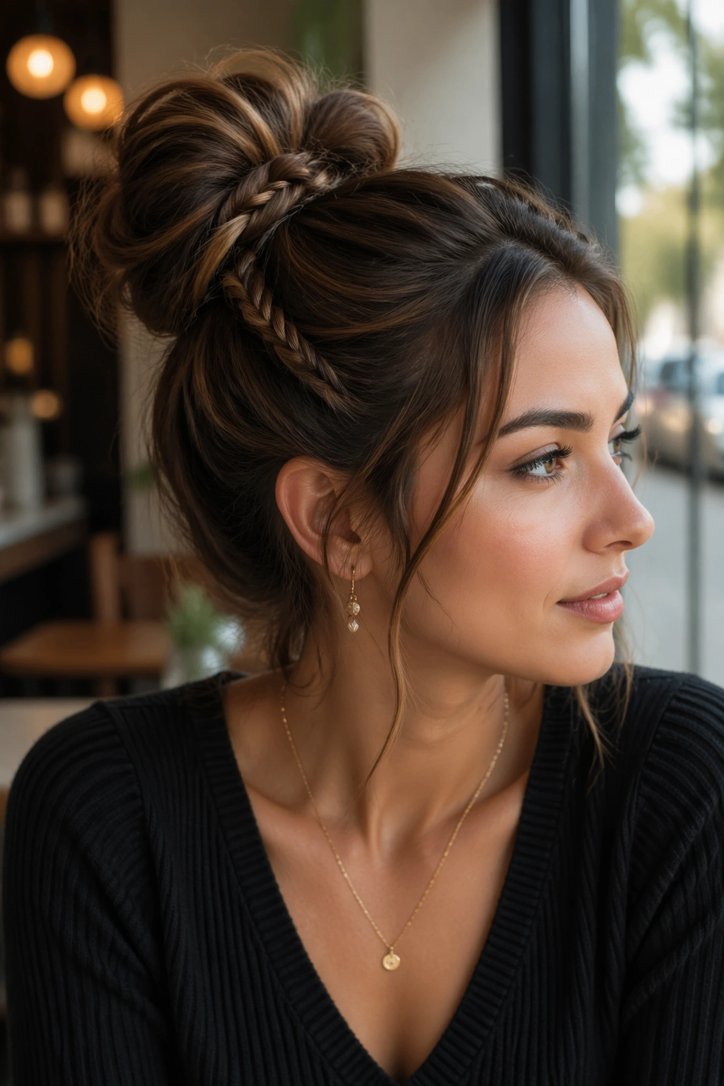 Close-up of a real woman with a fishtail accent bun in soft cafe light