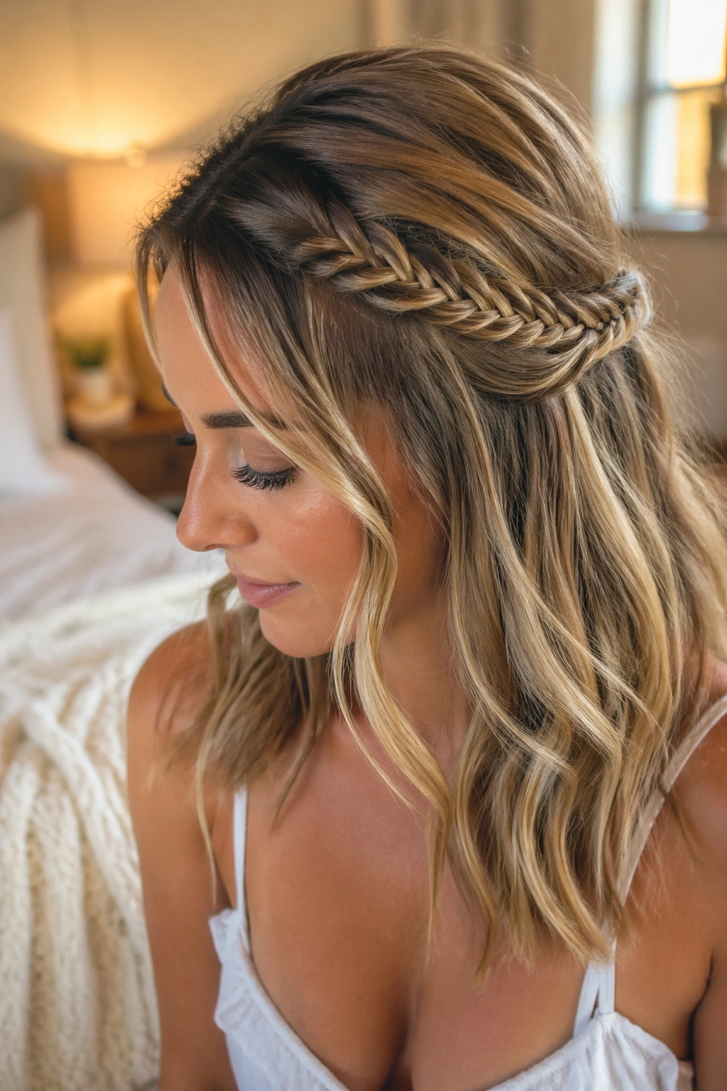 Close-up of a real woman with a fishtail accent half-up hairstyle in a sunlit bedroom