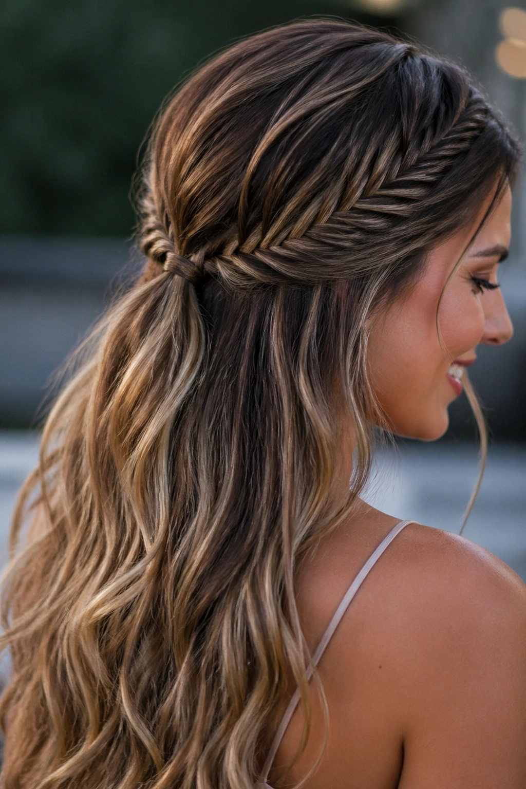 Real woman with fishtail accent half up ponytail