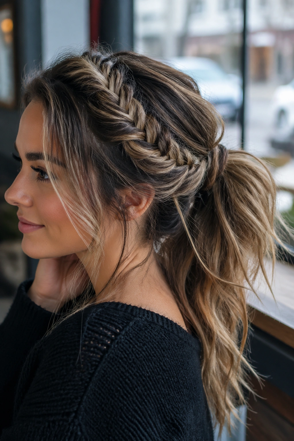 Close-up portrait of a real woman with a loose fishtail accent braid blending into a ponytail.