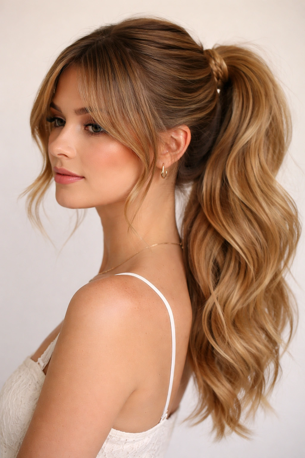 Ponytail base with a loose fishtail braid and soft curtain bangs