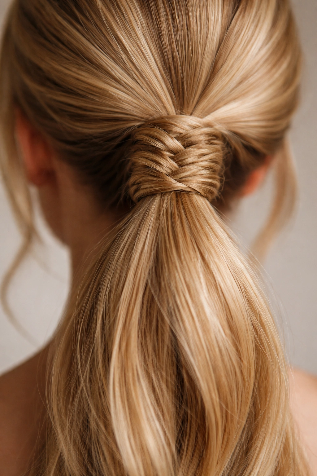 Ponytail with a fishtail braid wrapped around the base