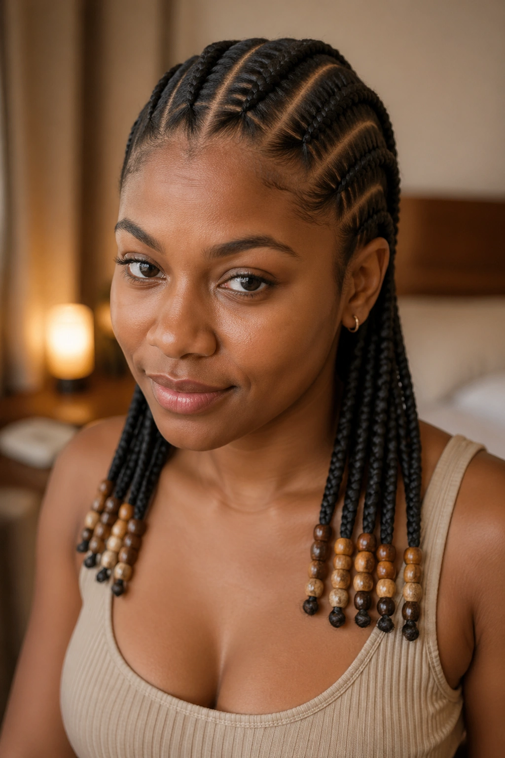Close-up of fishtail cornrows with beaded ends on a real woman