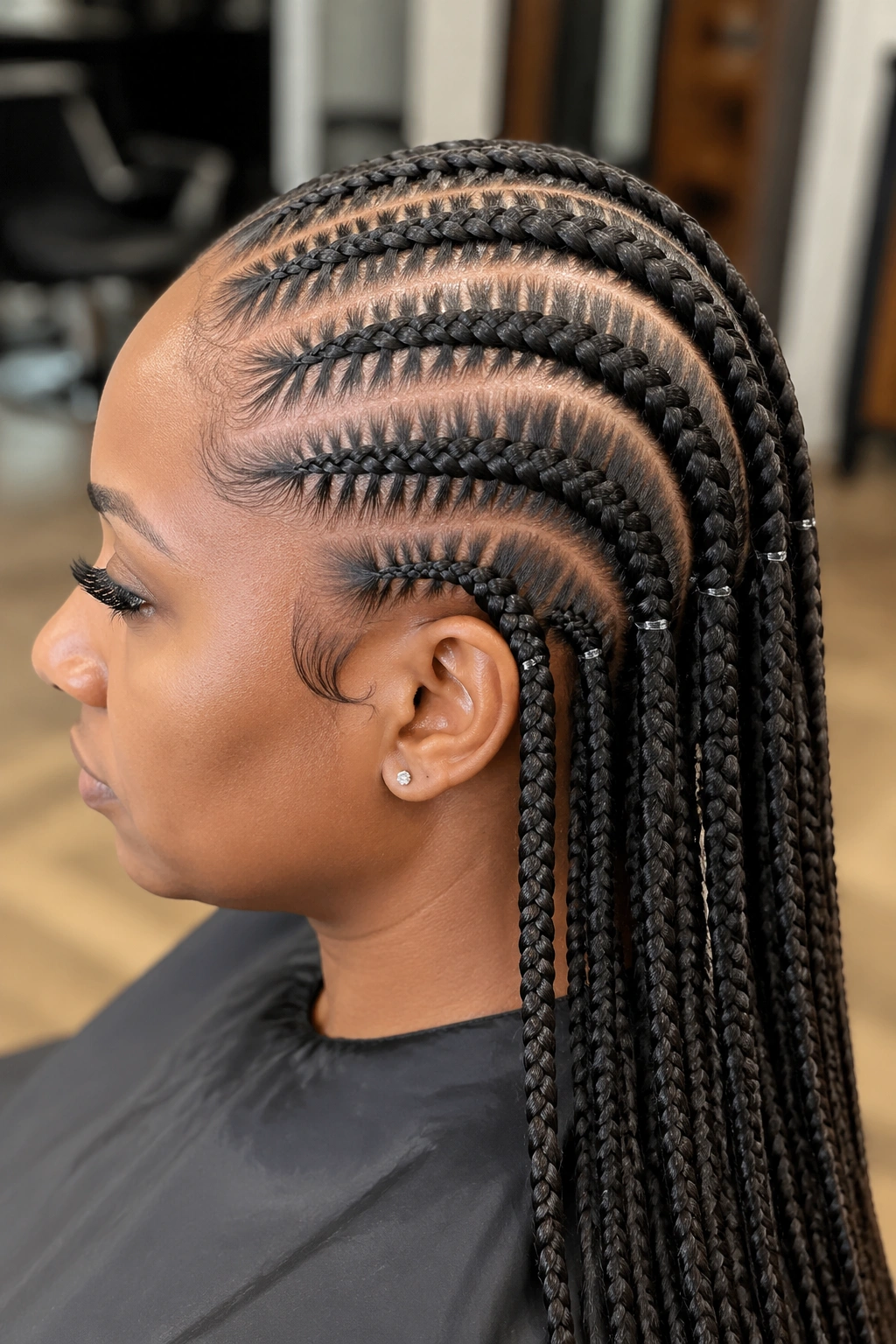 Close-up of fishtails transitioning into box braids with a visible elastic at the transition