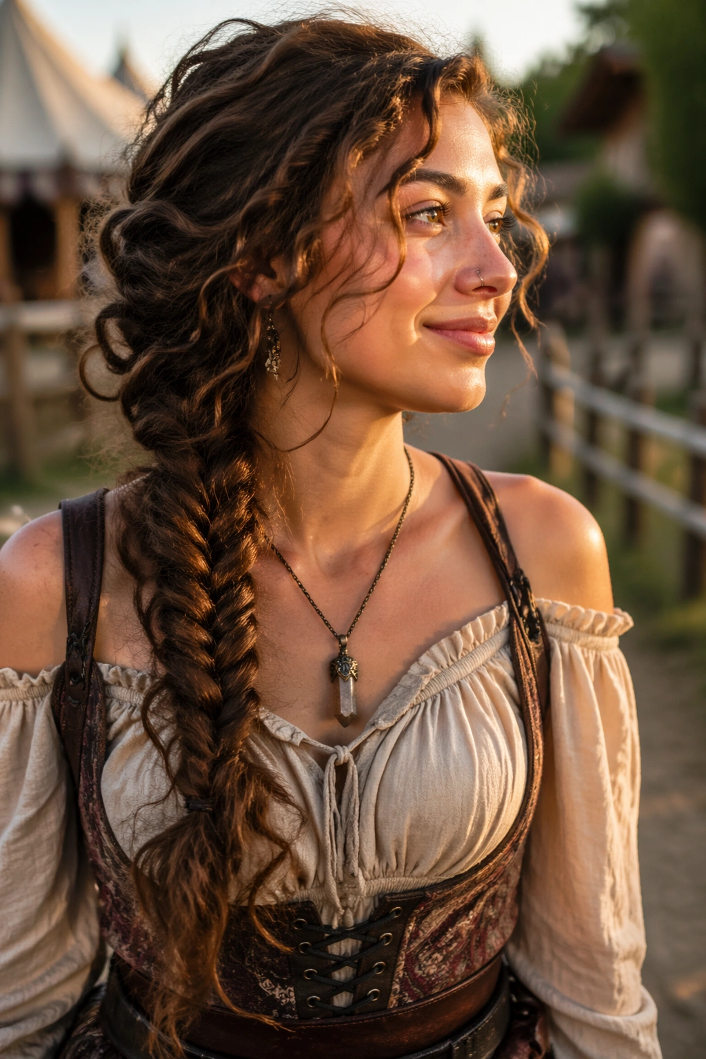 Close-up of a real woman with side-swept chunky fishtail and loose curls