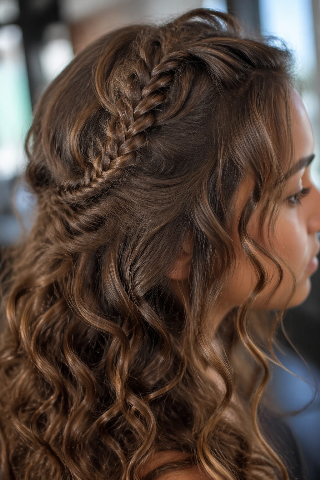 Close-up of a fishtail accent half-up on curly hair.