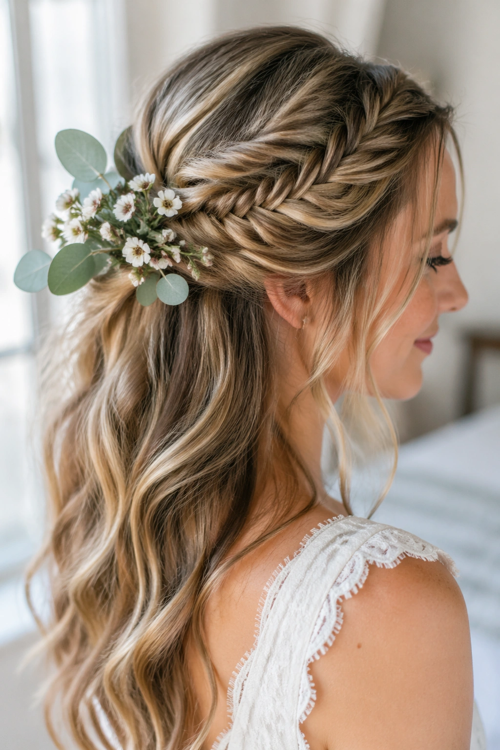Close-up of a real woman with Fishtail Half Up and eucalyptus waxflower