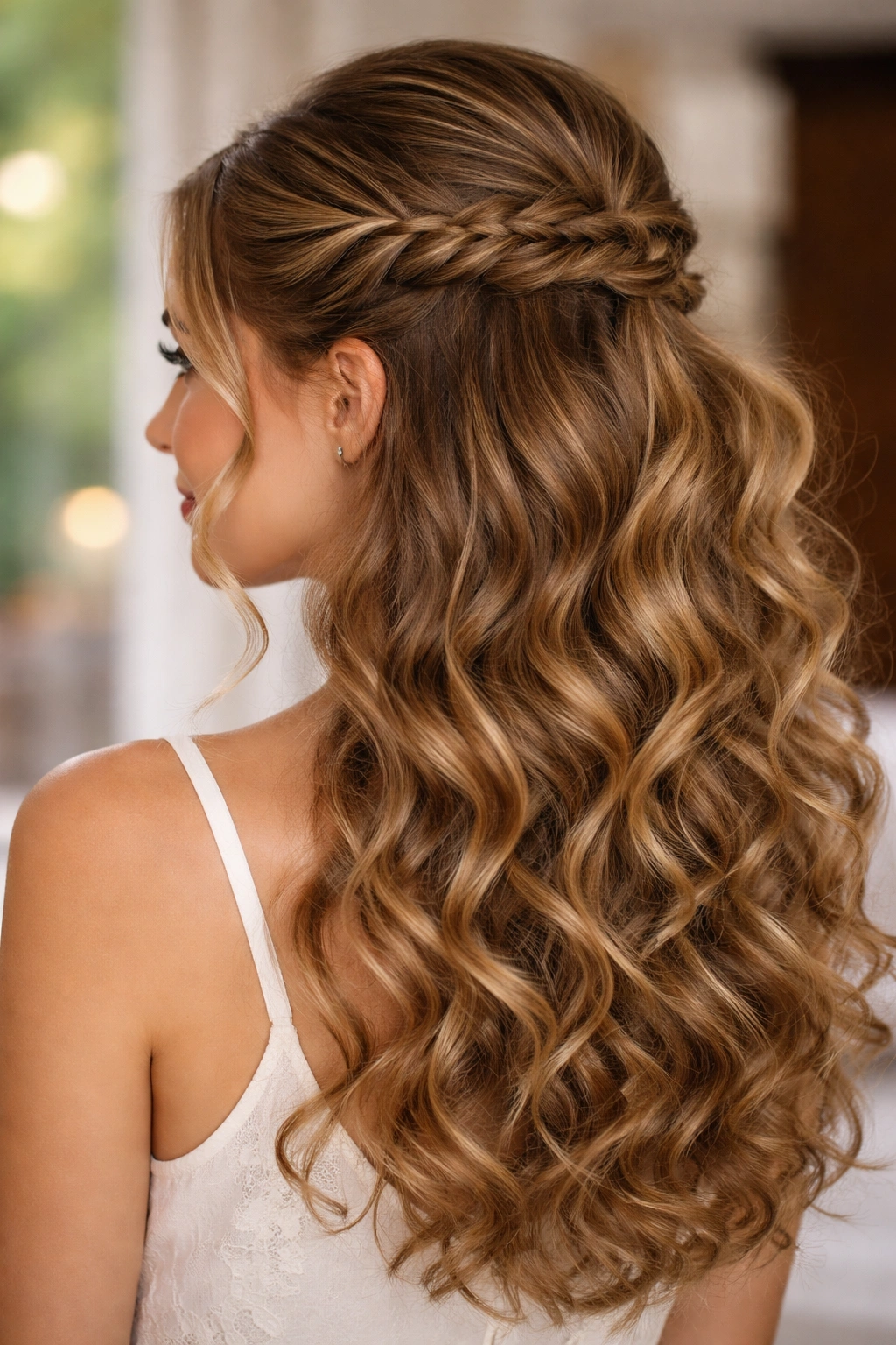 Fishtail accent braid integrated into half-up curls