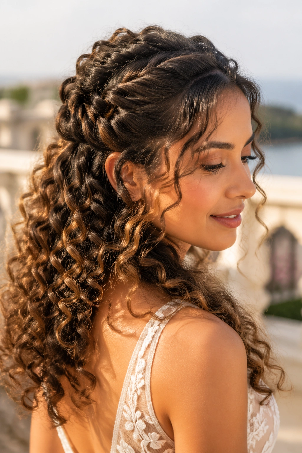 Half-up fishtail braid with defined ringlets on a real person