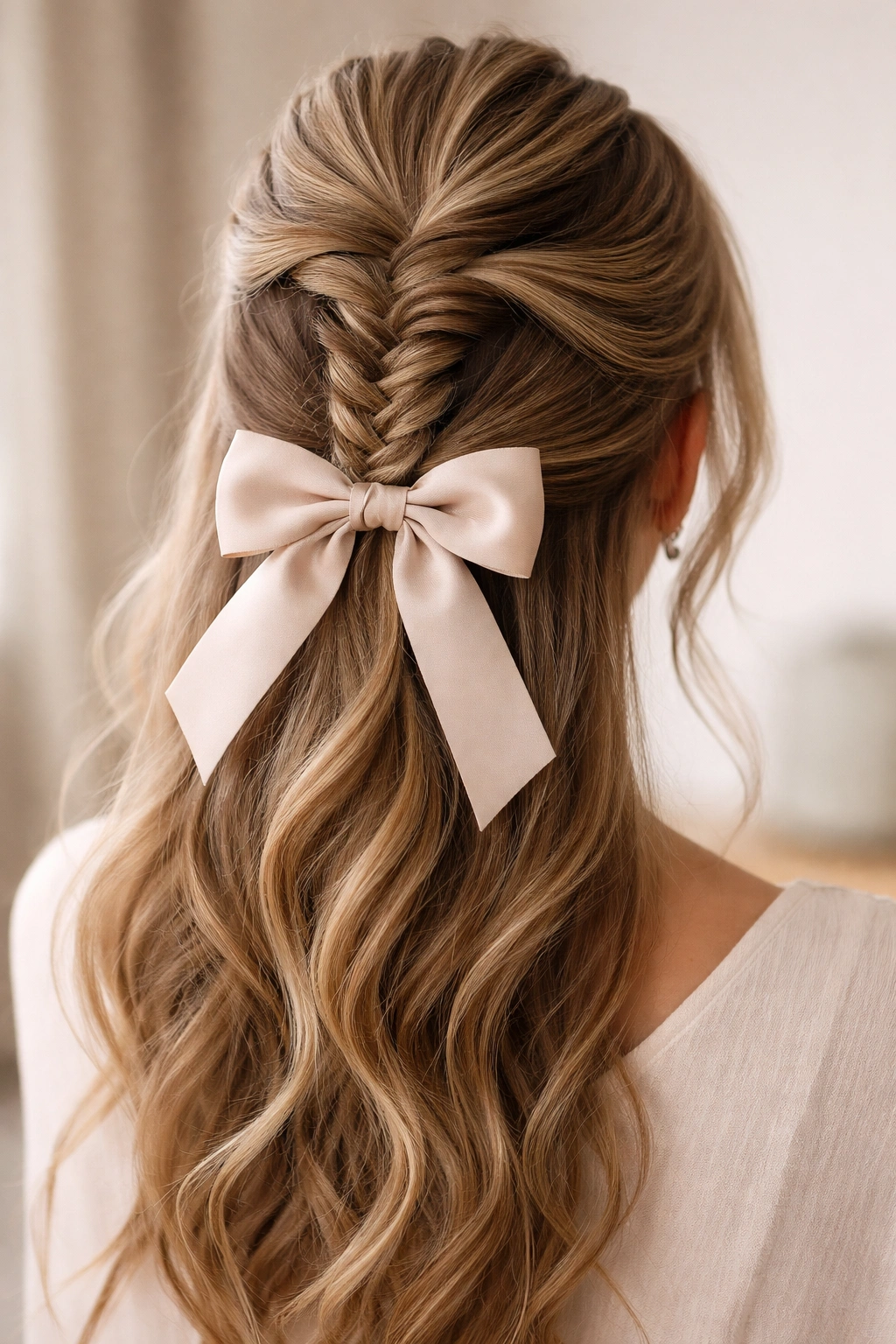 Fishtail half-up ponytail with bow at braid end.