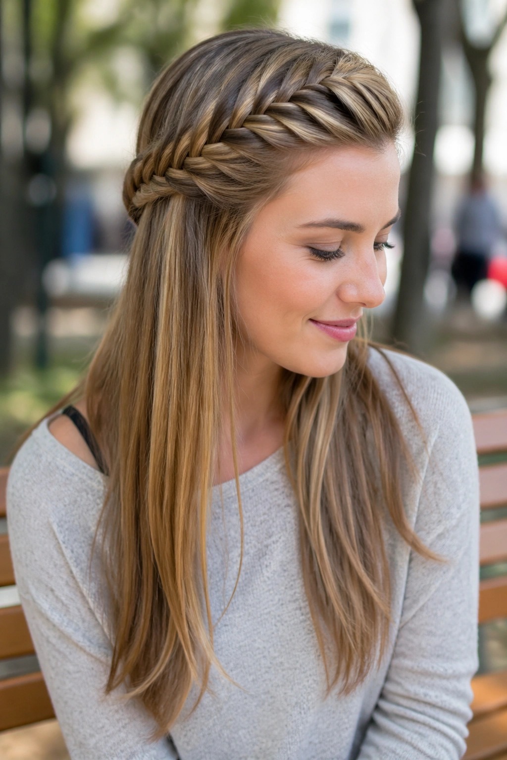 Close-up of a real person with a side-swept fishtail braid half-up.