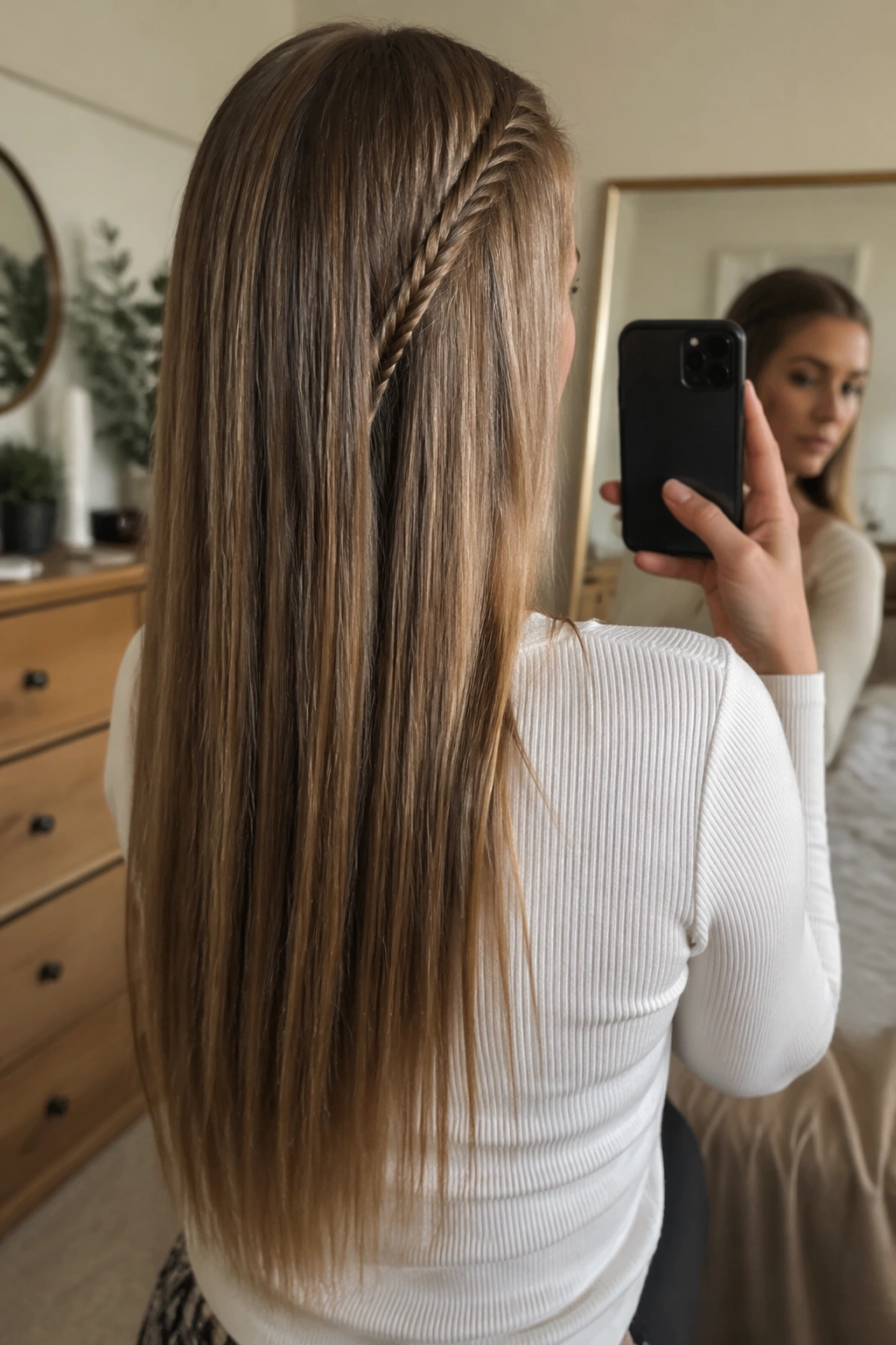 Thin fishtail braid along hairline seen from mirror selfie POV.