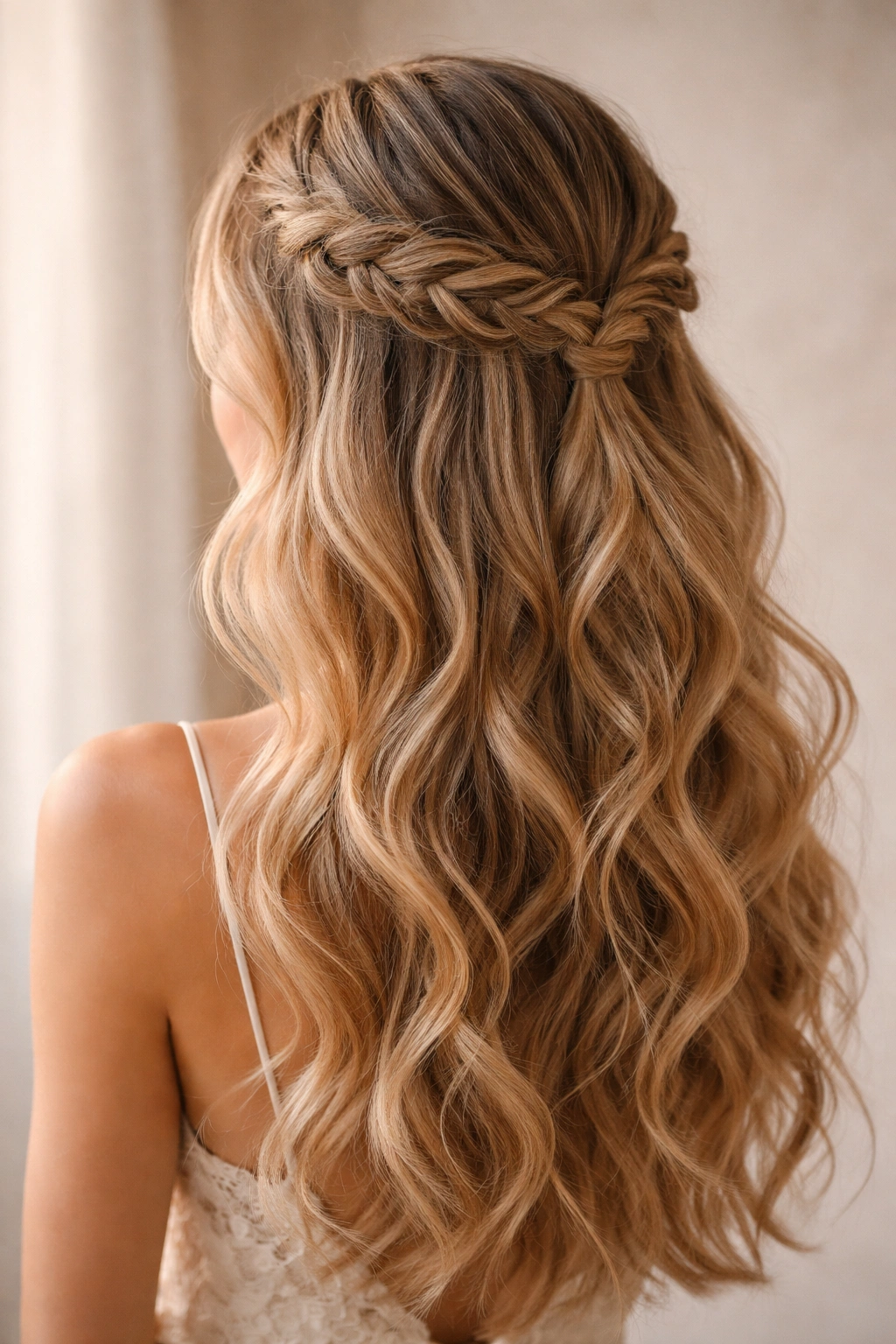Boho fishtail half-up hairstyle with airy braid and large waves