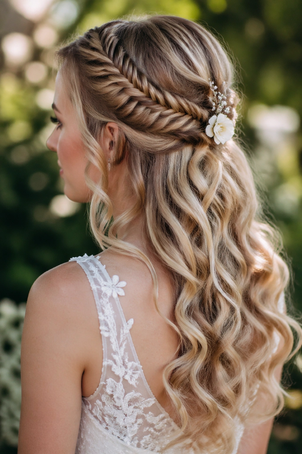 Bride with fishtail half-up and loose curls in a garden