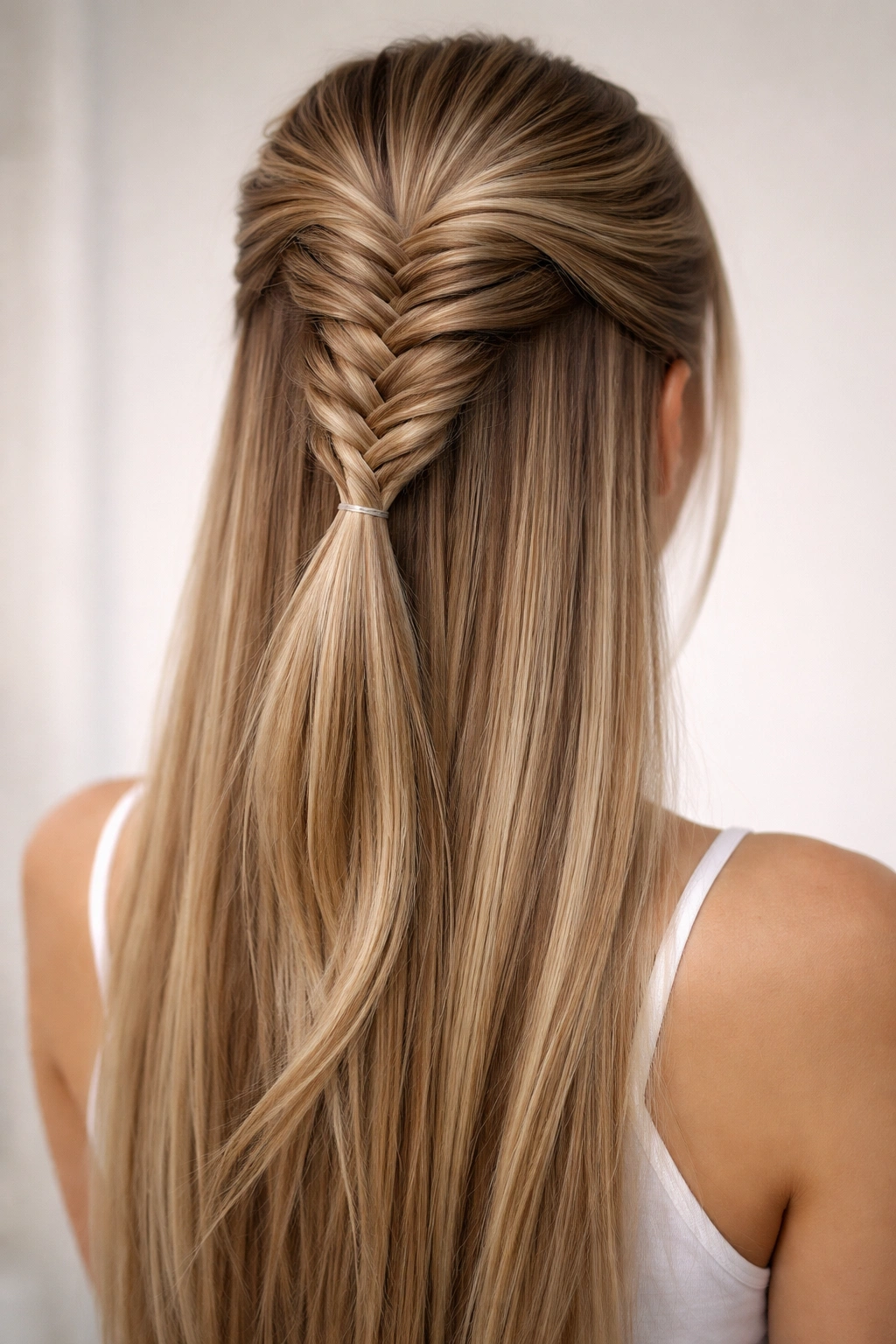Fishtail braid integrated into a half-up pony with pancake-stretched braid