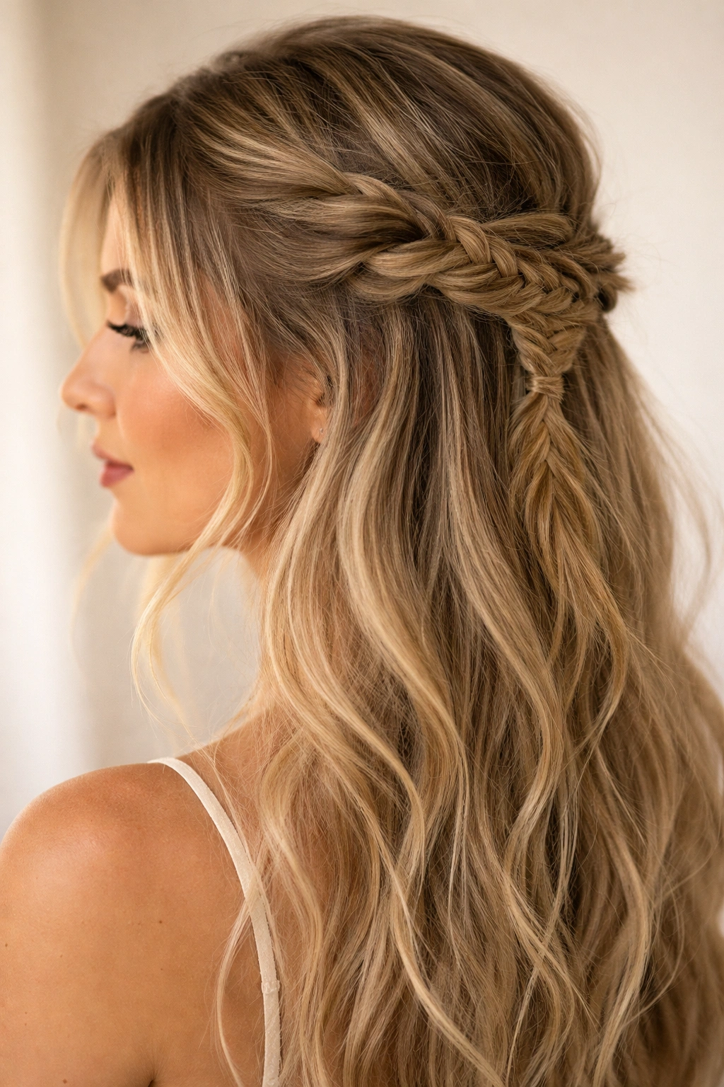 Messy fishtail braid accent on half-up hair with wispy pieces