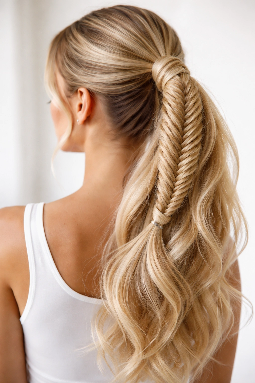 Blonde fishtail braid ponytail with intricate weave catching light