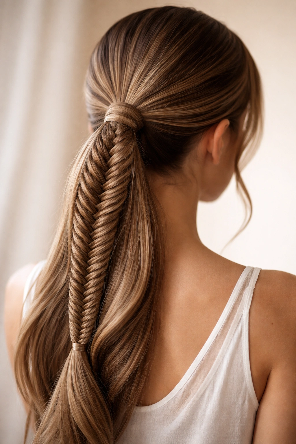Low ponytail with integrated fishtail braid