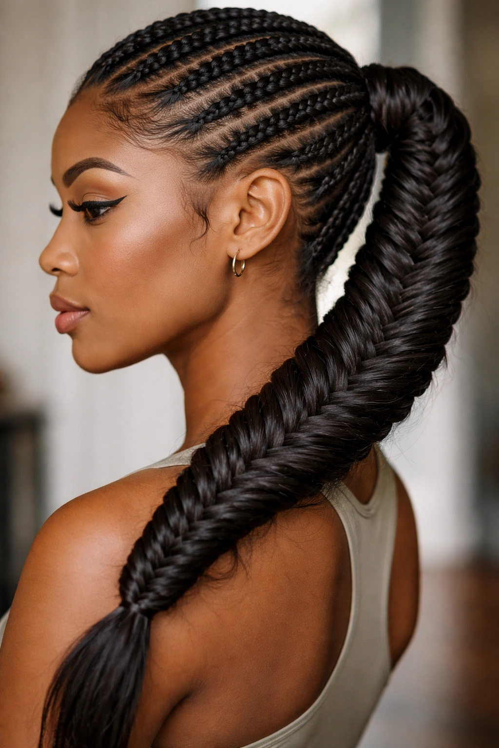 Fishtail braid integrated into a side ponytail