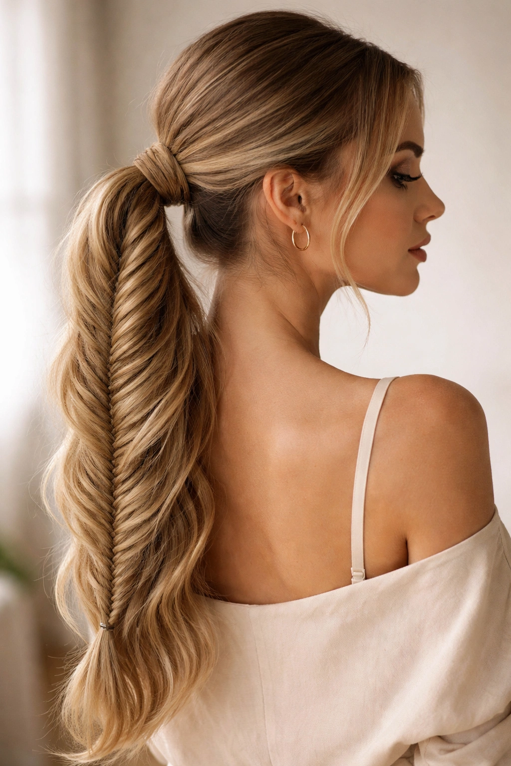 Long low ponytail with a fishtail braid along the length and integrated extension