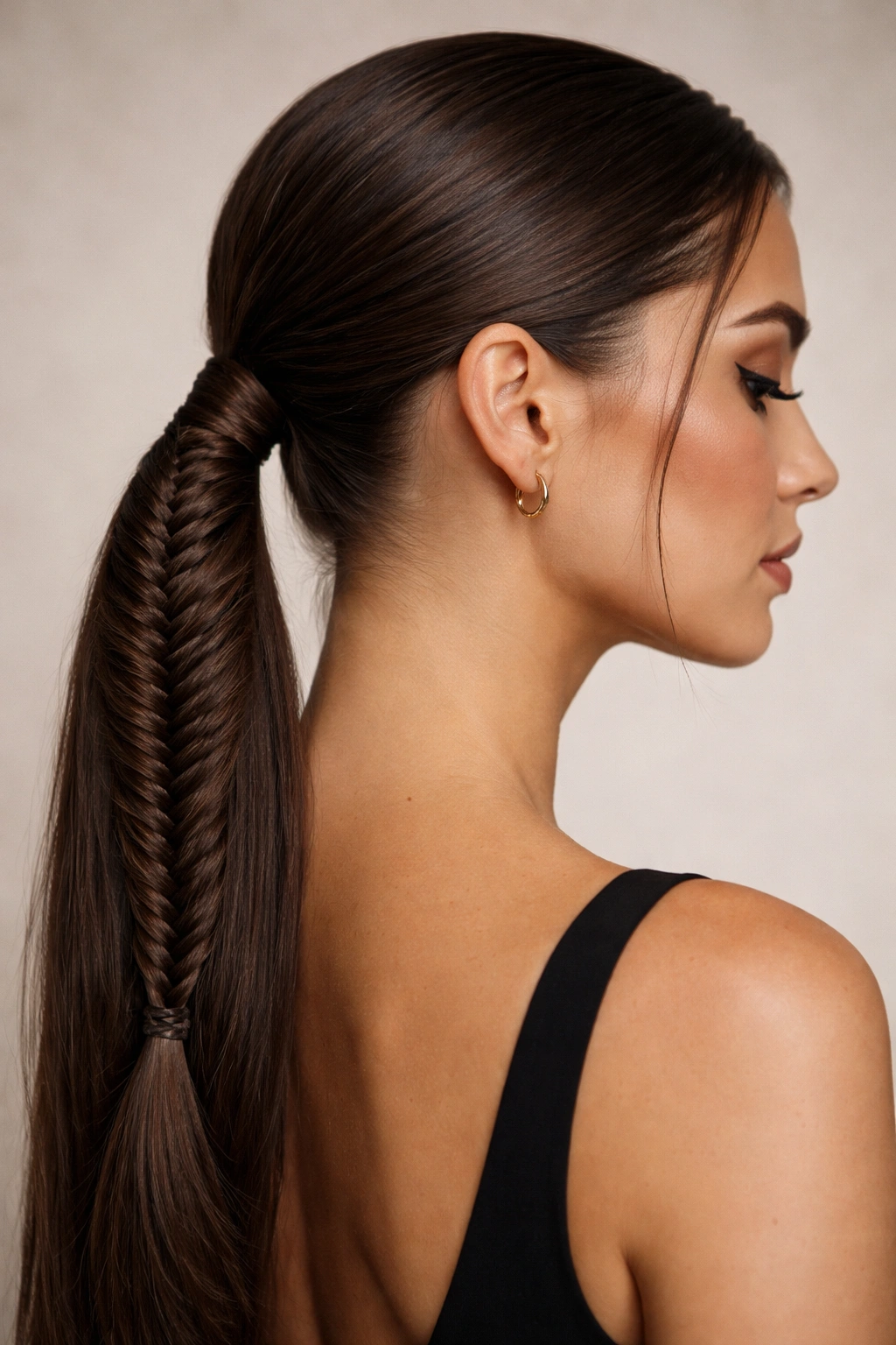 Fishtail braid into low ponytail on model