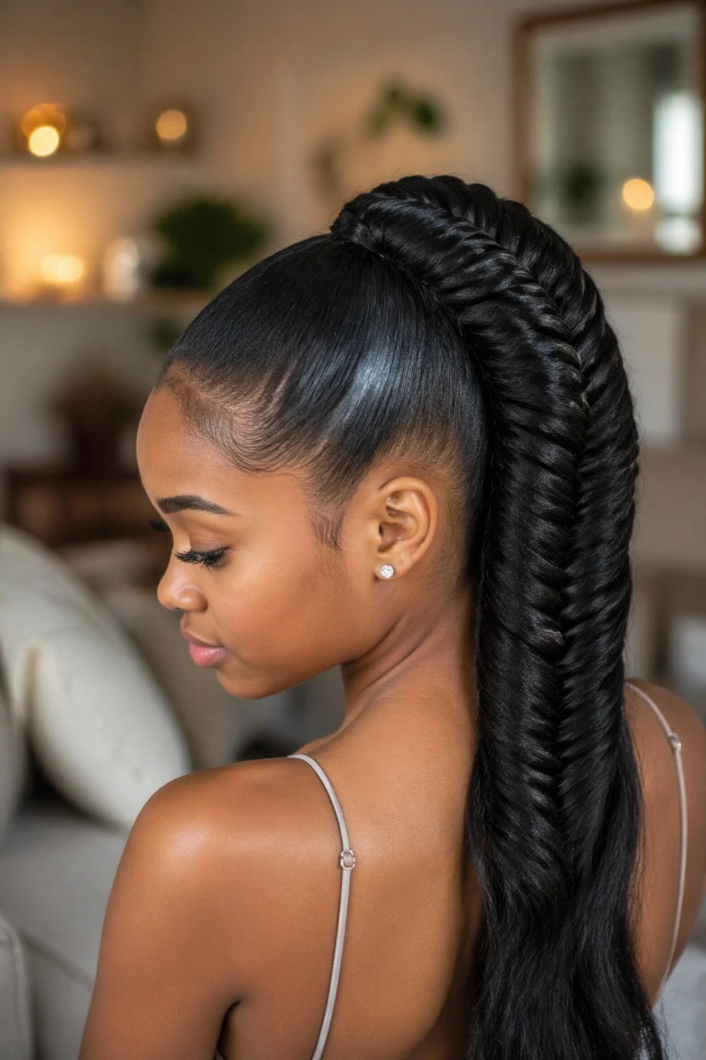 Close-up of a real Black woman with fishtail braid ponytail in warm light