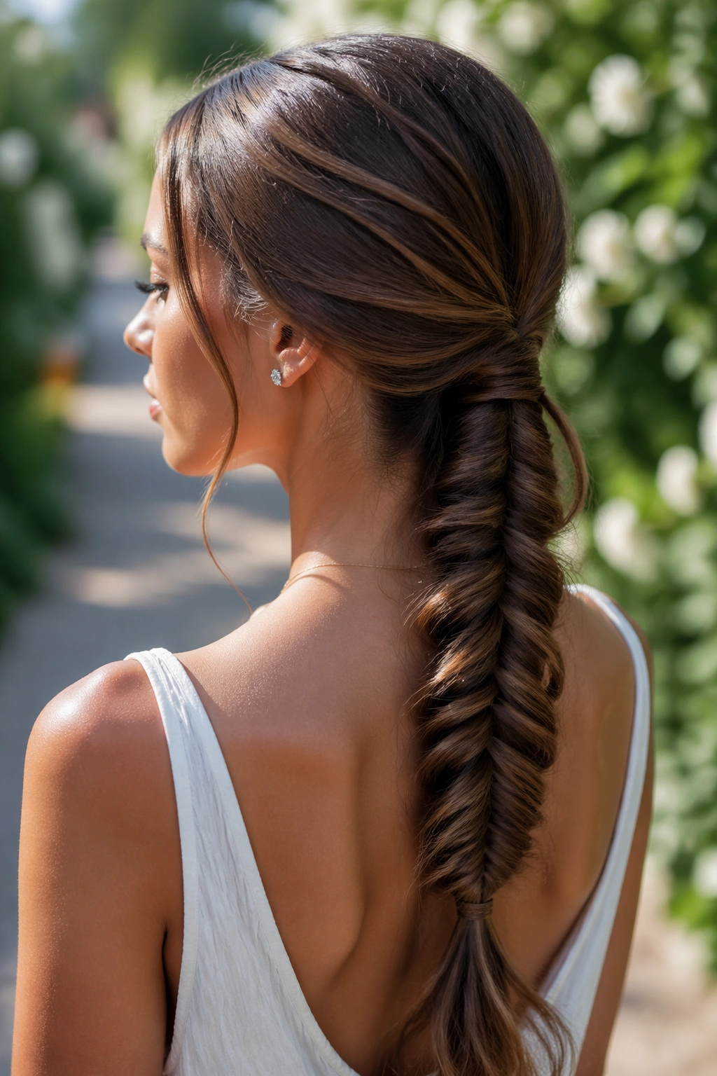 Real woman with a fishtail braided ponytail in a garden setting