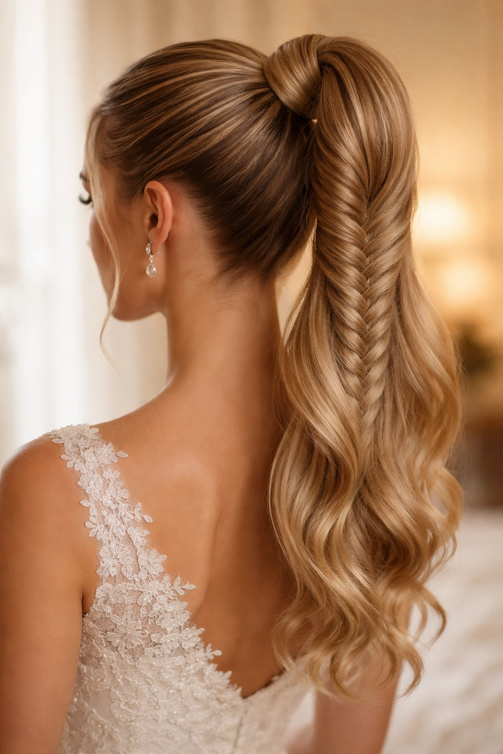 Bride with fishtail-braided high ponytail showing crown-start braid.