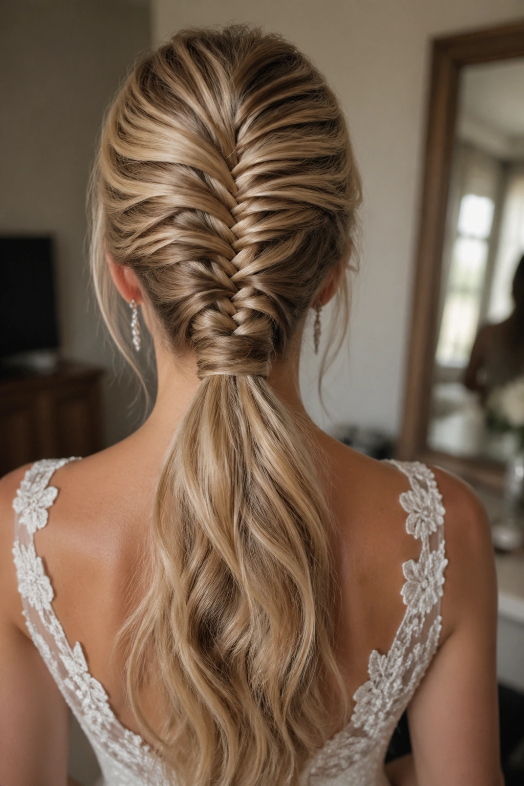 Back view of a bride's fishtail braid ponytail showing detailed weave.