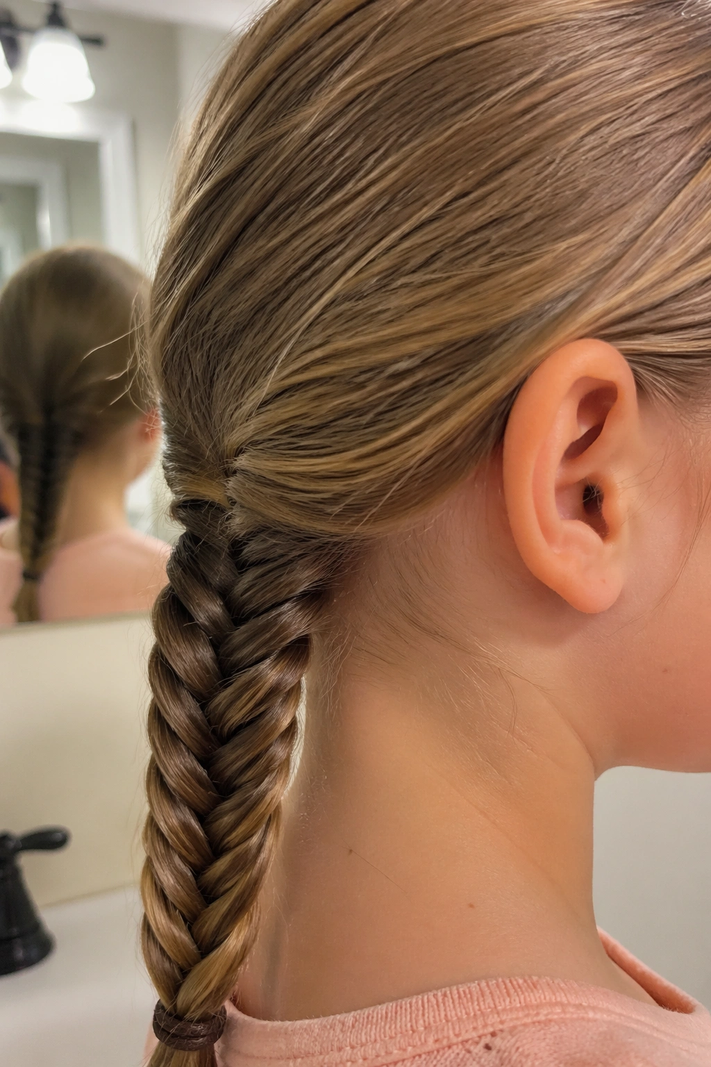 Close-up fishtail braid low ponytail with side bangs