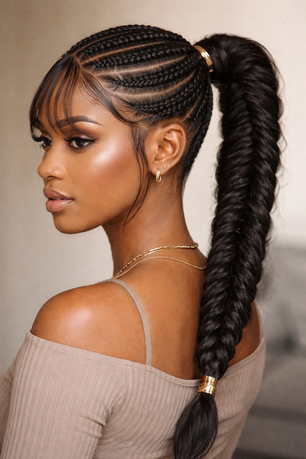 Three-quarter view of fishtail braid ponytail with curved front cornrows