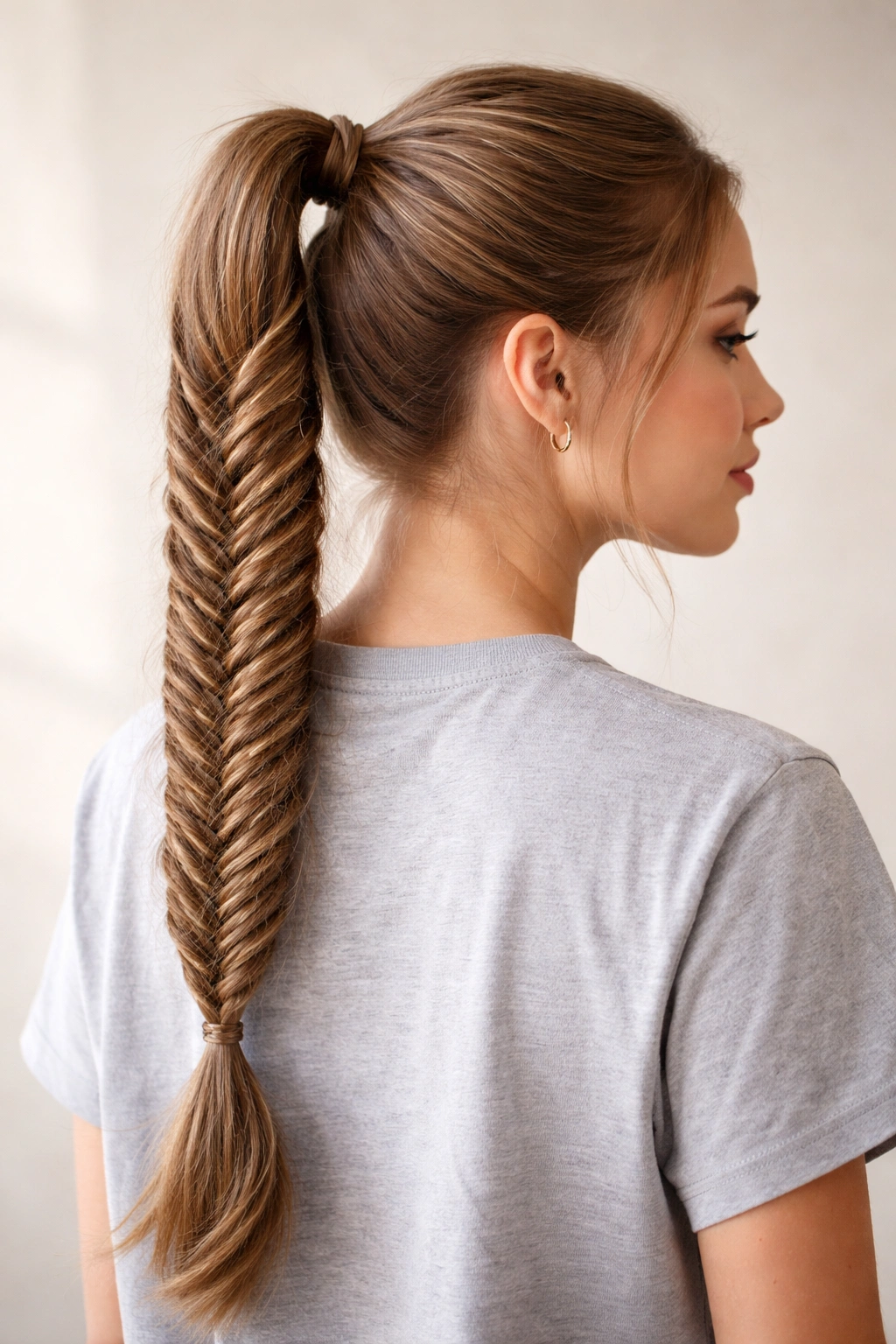 High ponytail featuring a fishtail braided length