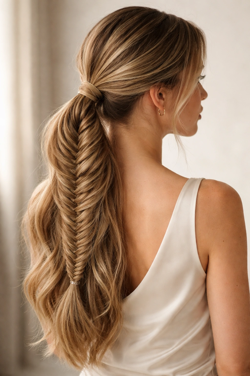 Low ponytail with a thick fishtail braid along its length