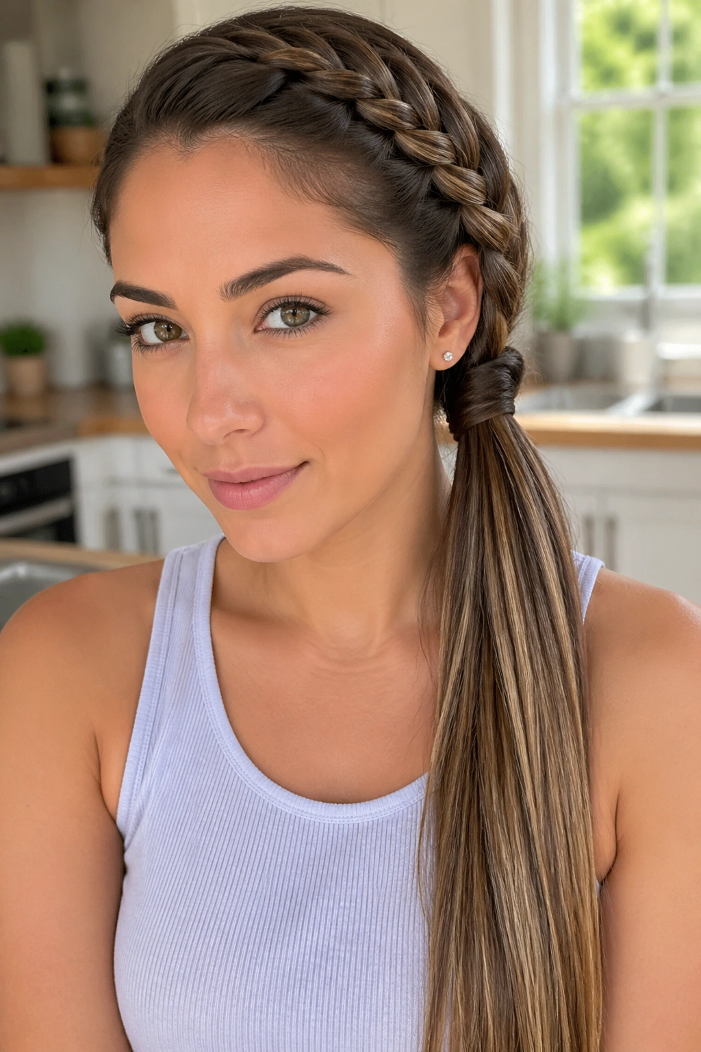 Close-up of a woman with a fishtail braid in a side ponytail with straight tail