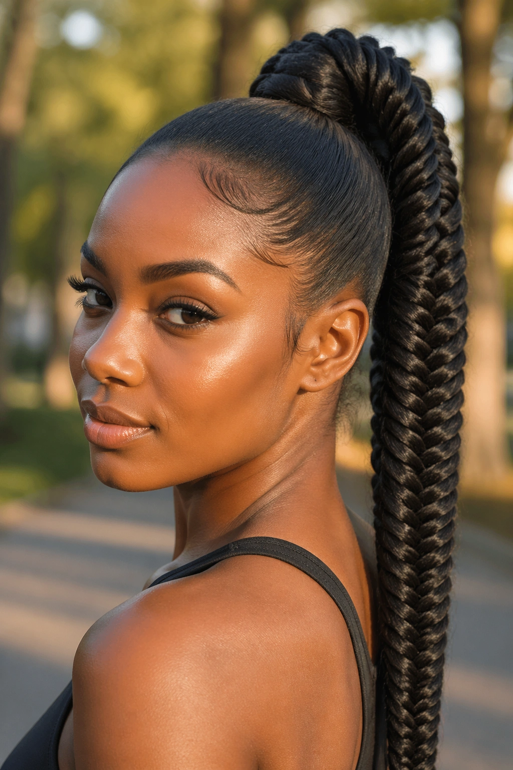 Close-up of a real woman with a fishtail braid ponytail in a park at golden hour