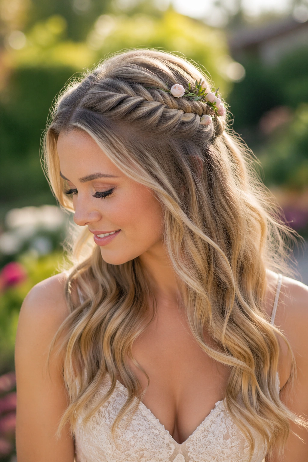Close-up of a woman wearing a fishtail braid with mini roses and greenery