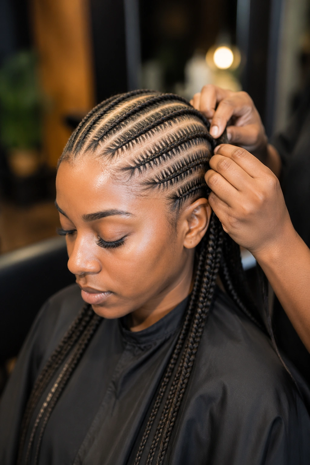 Person undergoing a lengthy fishtail braid session in a salon