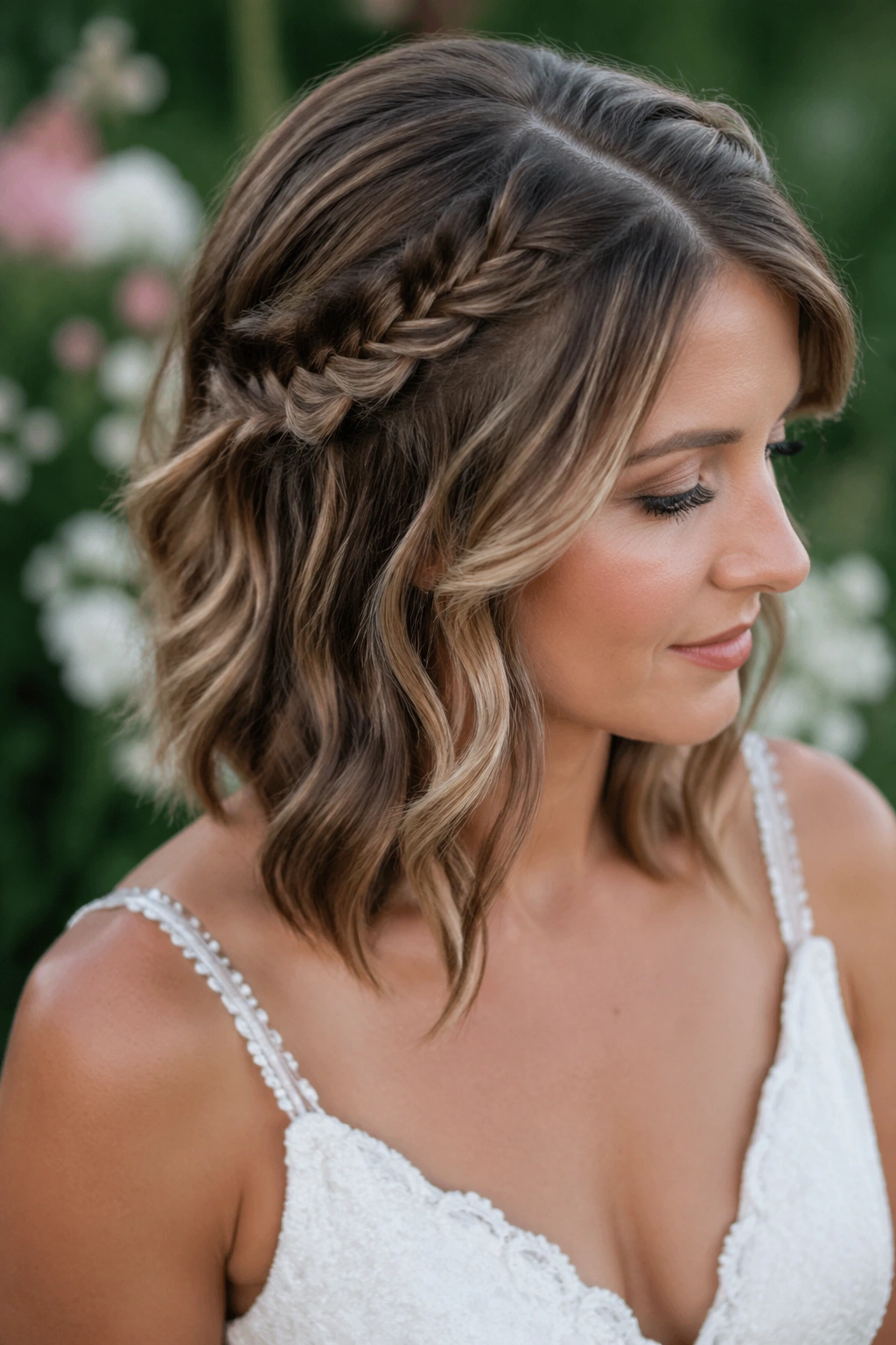 Bride with a narrow fishtail accent braid against shoulder-length waves.